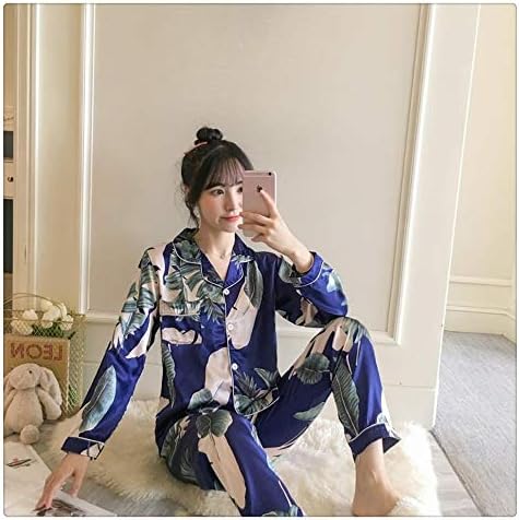 Autumn Women's Pajamas Sets With Flower Print Fashion Luxury Female Faux Silk Two Pieces Shirts + Pants Nighties Sleepwear (Color : C Q 8805 lan-XXL)