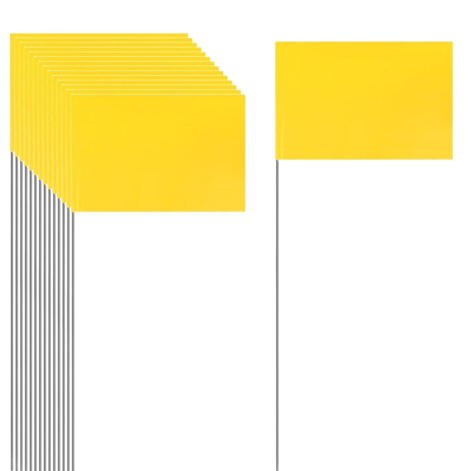 BigTree 50 Pack 4.92''x3.81'' Marking Flags with 15.3'' Steel Pole Yellow Yard Markers Flag Landscape Sprinkler Dog Fence for Lawn Landscaping Works Distance Measuring PVC