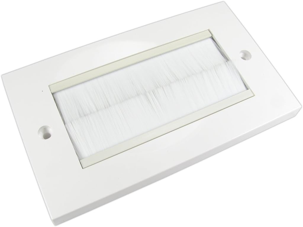 rhinocables Double Gang Faceplate Brush Plate with Black or White Brushes for Wall-Mounted Installation Tidy Cable Pass Through Insert for Wires and Cable Access (White Brush)