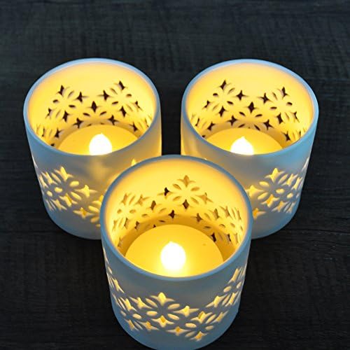 HOME MOST Set of 3 White Ceramic Candle Holder with LED Flameless Tea Lights (3" Tall, CALLA LILY Pattern, Timer) - Pottery Votive Candle Holders - Home Decor Votive Candles Flameless Flickering 11512