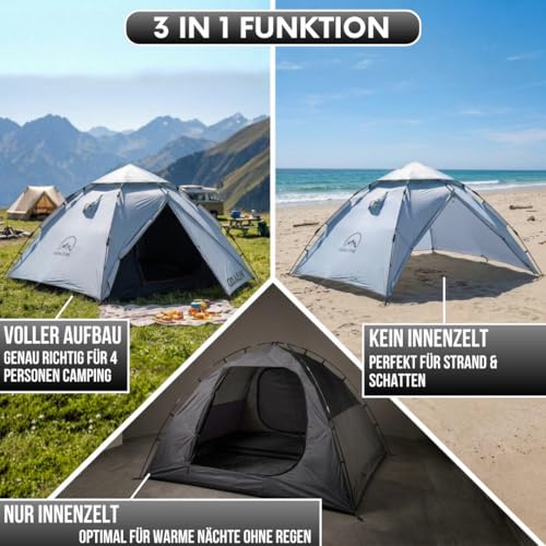 GOALPINE® Atlas IV Pop Up Tent for 2-4 Large People, 100% Waterproof, Set Up in 40 Seconds, 3-in-1 for Camping, Festival & Beach, Slightly Darkened Indoors