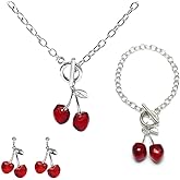 ONLYJUMP 3 Pairs Cute Cherry Pendant Necklace Bracelet Earrings Set for Women 3D Sweet Fruit Earrings Bracelet Creative Fruit Red Cherry Choker Necklace Fashion Summer Fruit Jewelry