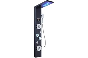 ELLO&ALLO LED Rainfall Waterfall Shower Head Rain Massage System with Body Jets Stainless Steel Bathroom Shower Panel Tower System, Brushed Black