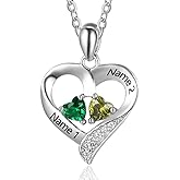 Zomodia Sterling Silver Personalized 2 Names Necklace with 2 Heart Simulated Birthstone Couple Pendant Necklace for Women