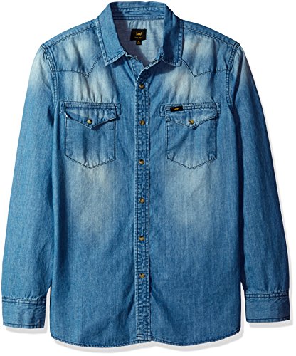 Lee Men s Heritage Western Long Sleeve Denim Shirt, Dark Wash, Large