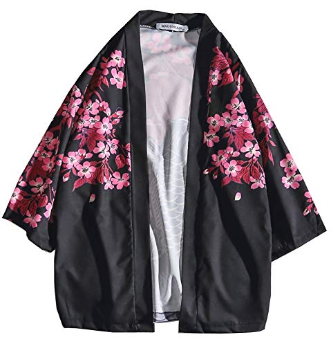 Men's Kimono Yukata Cardigan Casual Dragon Pattern Open Front Coat (Black Fish, Medium) - Thumbnail 3