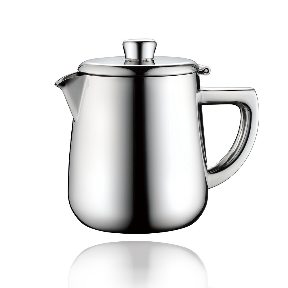 Minos Stunning Classy Hand Polished Stainless Steel Teapot - 34 OZ - With Tea Strainer And Heatproof Hollow Stainless Steel Handle