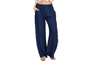 FAVIPT Linen Pants Women Plus Size Drawstring High Waist Wide Leg Long Pants Loose Casual Straight Leg Trousers with Pockets