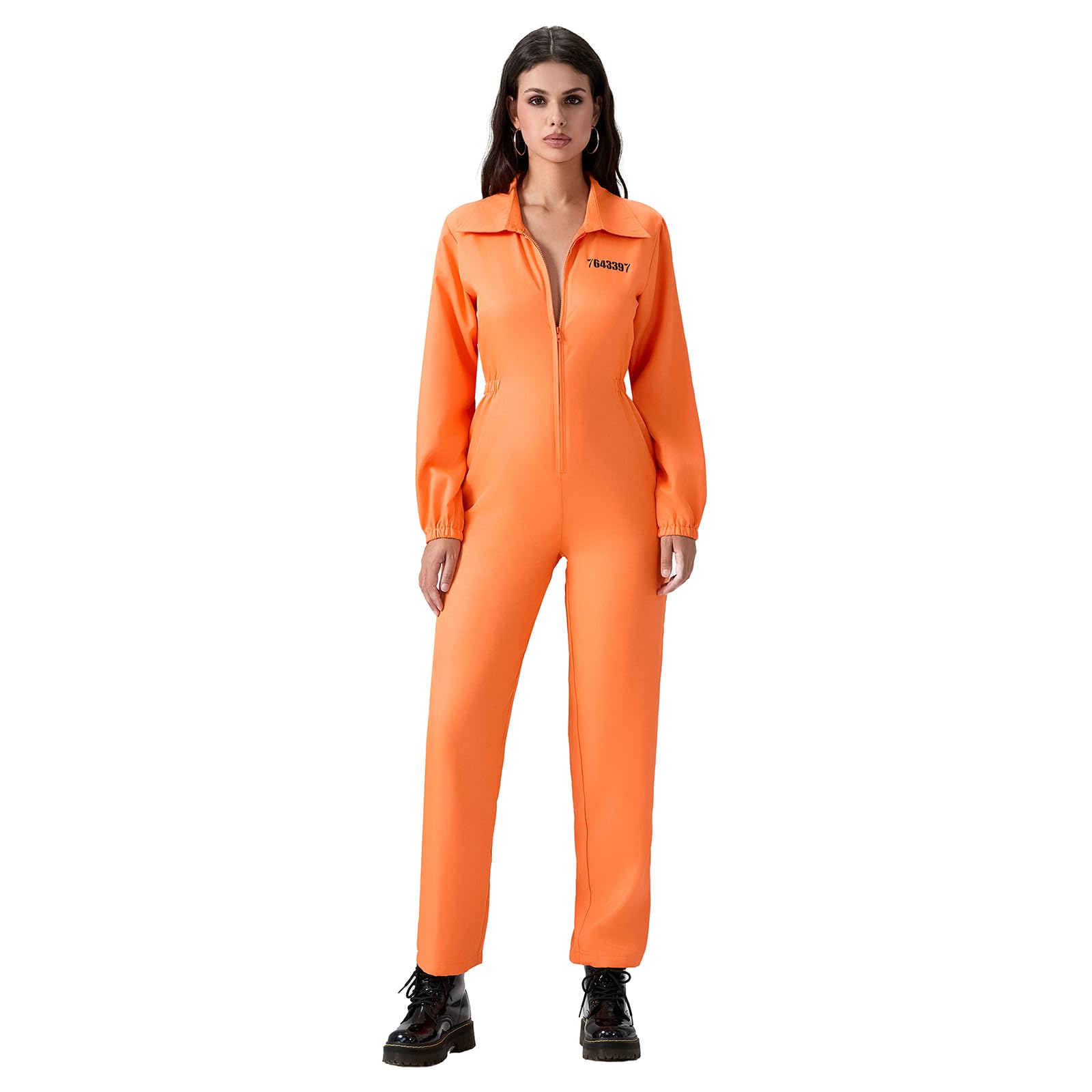 Felcia Adult Prisoner Jumpsuit Orange Prisoner Overalls Boiler Suit Convict Robber Fancy Dress Costume Carnival Party Cosplay Outfit (C-Orange Women, XXL)