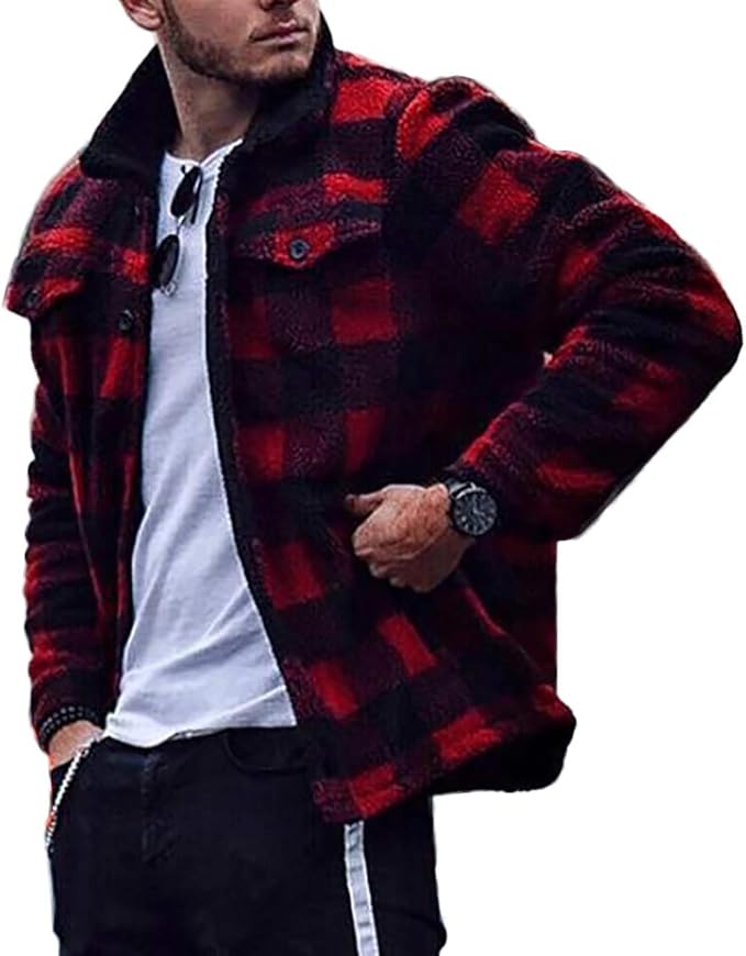 ORANDESIGNE Jacke Herren Wintermantel Parka Jacke Rot Karierte Revers Fleece Jacke Plüschmantel