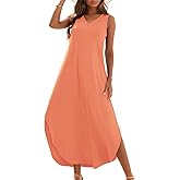 Zilcremo Women's Summer Casual Loose Sundress Long Dress Sleeveless V Neck Split Tshirt Maxi Dresses