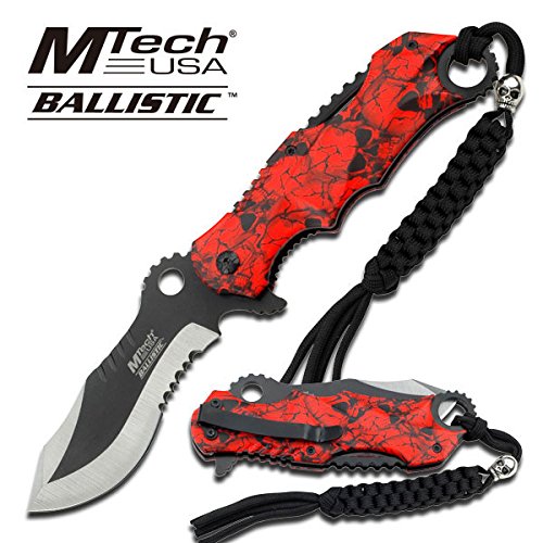 MTech USA MT-A808RD Assisted Opening Folding Knife, Two-Tone Half-Serrated Blade, Red Skull Camo Handle, 4-3/4-Inch Closed