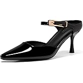 Coutgo Womens High Heels Mules Closed Pointed Toe Kitten Heel Pumps Ankle Buckle Strap Slip On Backless Dress Shoes, Black, Size 6