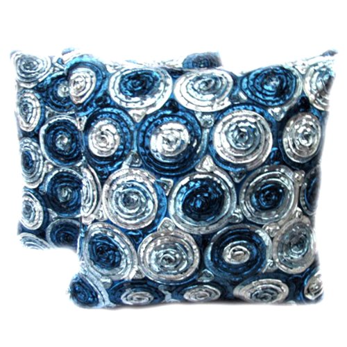 Cool:One Pair Two Tone 3d Bouquet of Blue Roses Throw Pillow/Cushion Cover Satin and Thai Silk 16"x 16".