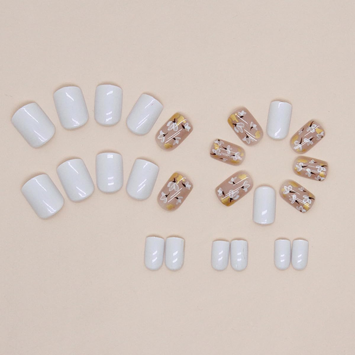NEWSPIED Press on Nails Short Square Glue on Nails with Glitter Gold Foil Floral Designs Nude White Fake Nails Full Cover Artificial Acrylic Nails Extra Short False Nails for Women Girls 24 Pcs - Image 3