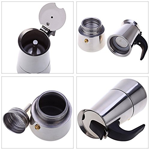 Stainless Steel Moka Coffee Maker Mocha Espresso Latte Stovetop Filter Coffee Pot Percolator Tools Easy Clean for Home Office (100ML) - Thumbnail 2