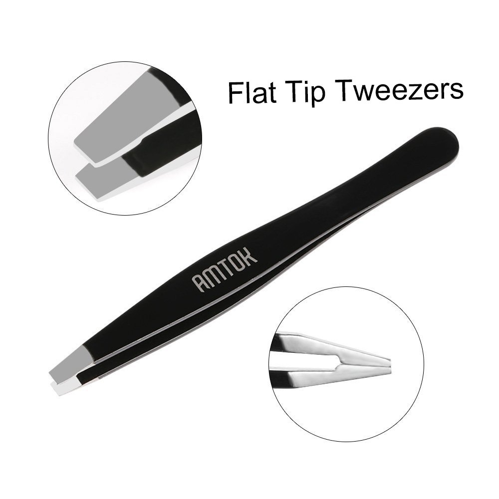 AMTOK Eyebrows Tweezers Kit Professional Plucking Tools Kit Stainless Steel,Flat,Slant and Pointed Tip Tweezers (Black)