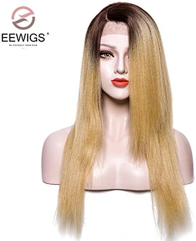 EEWIGS Yaki Straight L Part Lace Front Wig Ombre Brown Roots to Honey Blonde Synthetic Wig with Deep Side Parting Long Straight Lace Wigs for Women