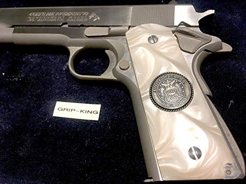 1911 GRIPS SALE $37.73. BUY-OUT. U.S. AIR FORCE. ALL METAL MEDALLIONS FITTED IN DEEP SHINE HI-LUSTER PEARL. FITS SIG,SPRINGFIELD S & W, COLT KIMBER,RUGER,TAURUS,PARA,WILSON,CLONES. MADE IN U.S.A.