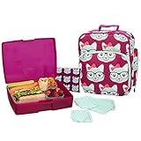 Bentology Lunch Bag and Box Set for Girls - Includes Insulated Bag with Handle, Bento Box, 5 Containers and Ice Pack - Kitty