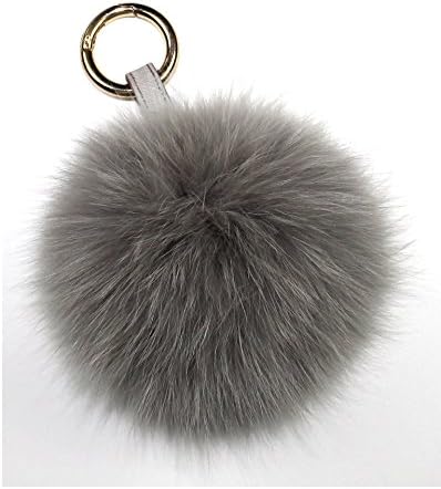 Real Fox Fur Pom Pom Keychain &amp; Bag Charm – 4-inch Fur Ball Accessory (Gray)