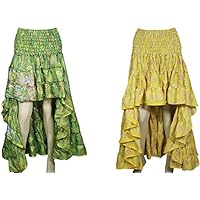 Mogul Interior 2pc Womens Hi Low Skirt Printed Upcycled Silk Sari Flared Boho Summer Chic Skirts S/M