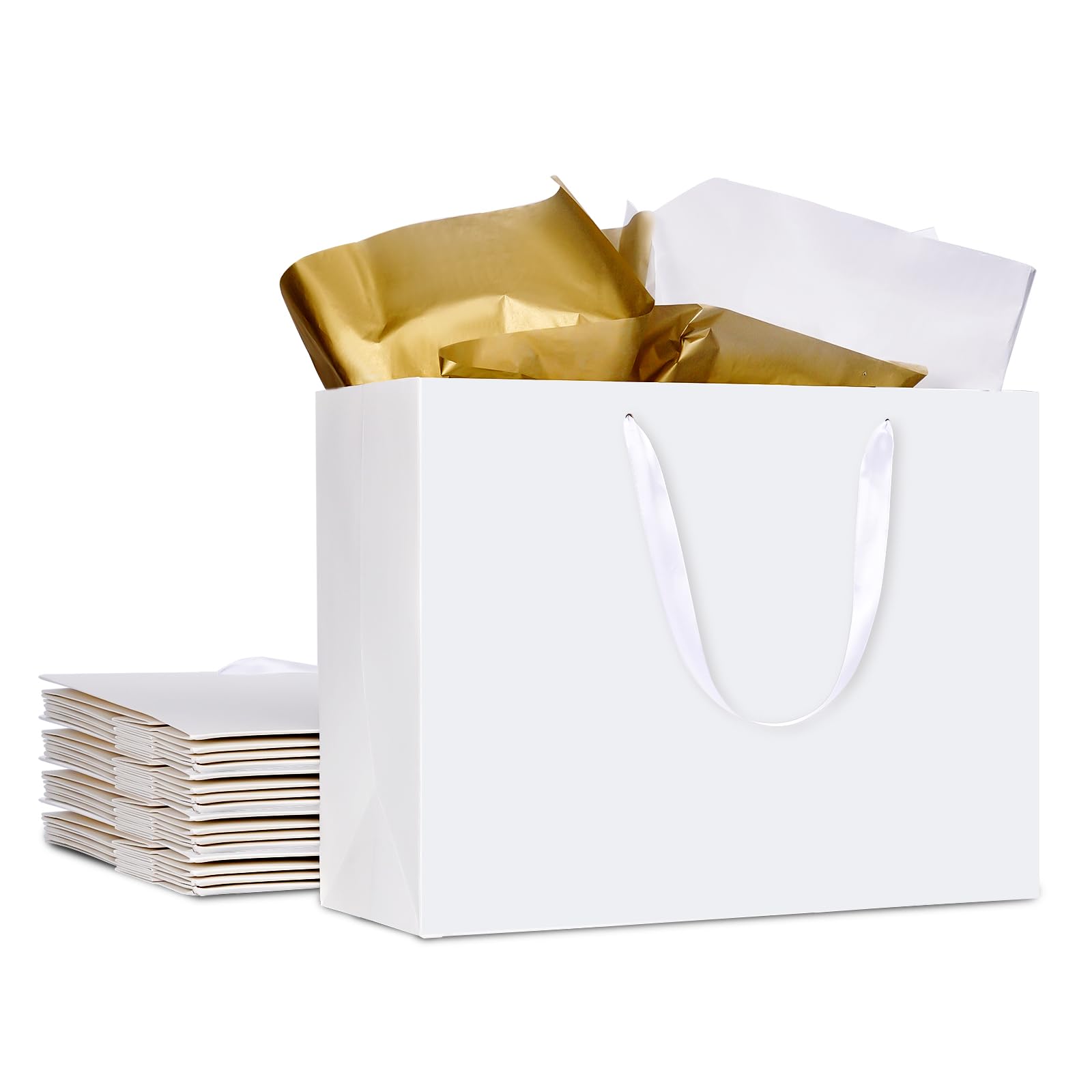 Photo 1 of 15.7" Extra Large White Gift Bags for Presents with Tissue Paper & Ribbon Handles for Shopping, Small Business, Birthday Party, Baby Shower, Bridal Party, Wedding, Christmas and Holiday (10 Packs)