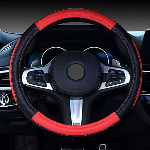 Microfiber Leather Steering Wheel Cover for Car Patch Anti-slip Safety Protector Universal Fit 38cm/15inch Black Red