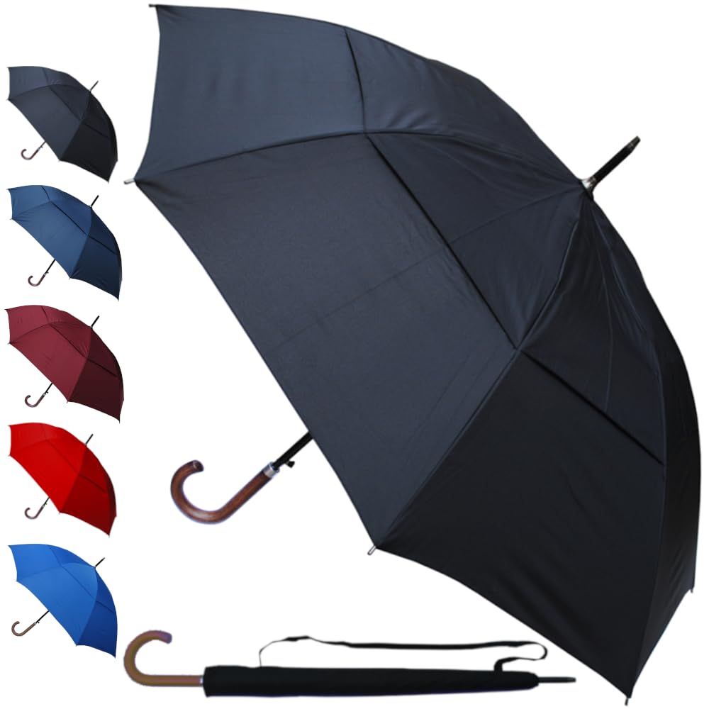 COLLAR AND CUFFS LONDON 60MPH Windproof Umbrella Large Strong Umbrella - StormDefender City - Best for Vented Double Canopy - Auto Open - Solid Wood Hook Handle - Rainproof Designer Big Golf - Black