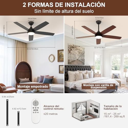 Dorlink Ceiling Fan Lamp with Control, Ø132 cm, 6 Speeds, Timer, 34 W DC Motor, Summer-Winter Function, Quiet, Fan Lamp for Indoor Bedroom, Walnut/Black