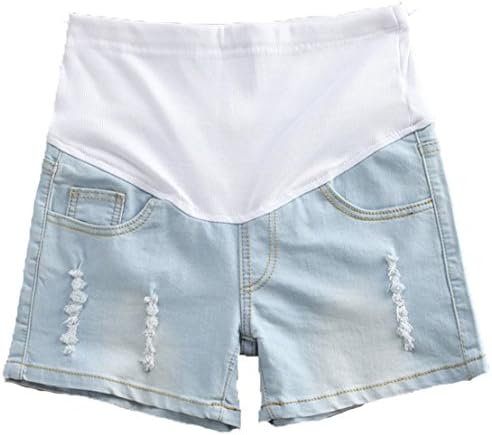 Maternity Pregnant Women Summer Adjustable Elastic Care Belly Denim Shorts Jeans (US 2/Asian Tag L, Light Blue)