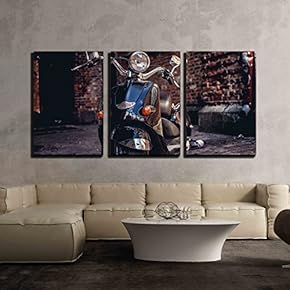 3 Piece Canvas Wall Art - Close Up Picture of Scooter on The Street. - Modern Home Art Stretched and Framed Ready to Hang - 16"x24"x3 Panels