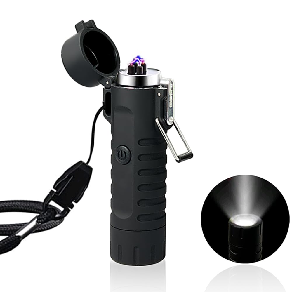 VOMONO Electric Arc Lighter LED Portable Outdoor Flashlight - Plasma Windproof Lighters - USB Rechargeable – Camping Lantern, Climbing Candle Kitchen- Men's Gifts (Black)