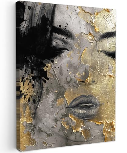 MuchoWow© Leinwand Bilder 60x80 cm Wanddeko Wohnzimmer Aesthetic Room Decor Deko Zimmer Wandbilder Moderne Bild auf Leinwand Frau - Kunst - Gold - Sch