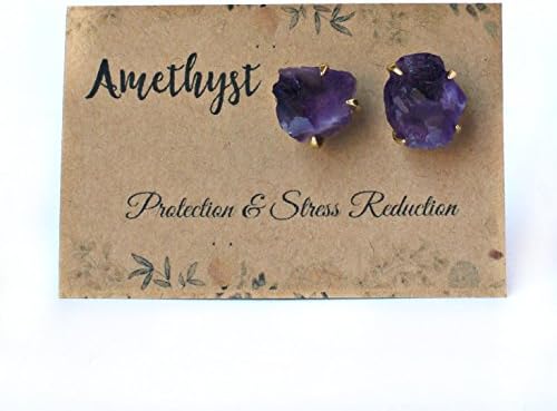 Handmade Raw Natural Amethyst Stud Earrings Set in 14K Gold Plated Claw Prongs