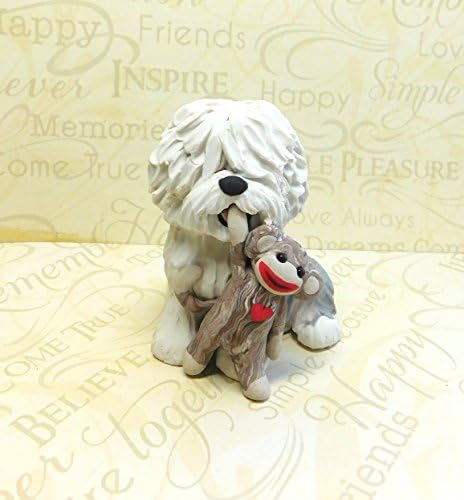 Old English Sheepdog With Sock Monkey Sculpture Polymer Clay OES Mini by Raquel at theWRC clay DOG Collectible