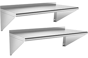 HOCCOT Commercial Stainless Steel Shelf 12 x 48” 2 Pack, Wall Mounted Food Service Storage Rack Shelves, Heavy Duty 300 lb Metal Shelf for Kitchen, Restaurant, Food Truck, Garage, Laundry Room