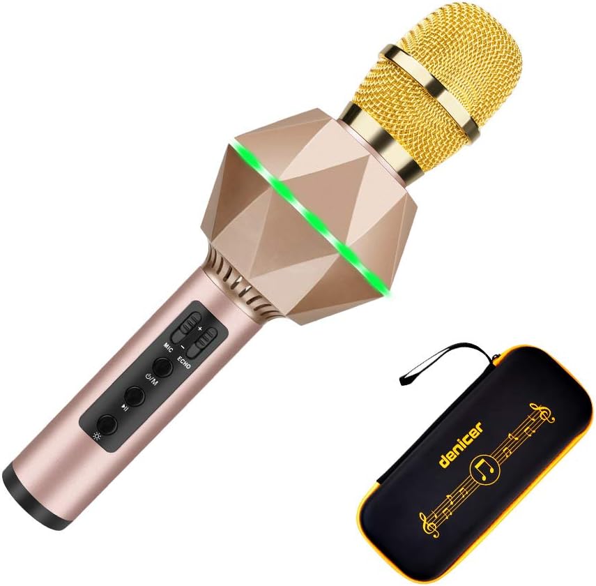 Karaoke Microphones for Kids Wireless Bluetooth Microphone Karaoke with Flash LED lights, Aluminum alloy handle, Speaker, Compatible Android/PC and All types of Smart phone (Gold)
