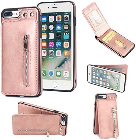 iPhone 7 Plus Wallet Case, iPhone 8 Plus Card Holder Case, 2 ID Credit Card Slot, Button Flip-Out Premium Leather Drop Protection Case Shock-Absorbing Case for Apple iPhone 7 Plus 8 Plus (Rose Gold)