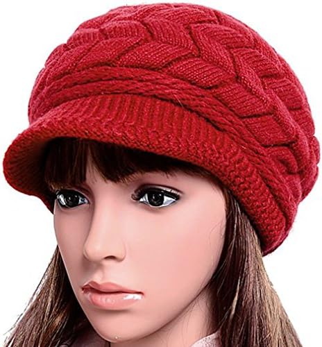 Women Lady Braided Warm Cabled Knit Winter Beanie Crochet Hats Newsboy Caps Red