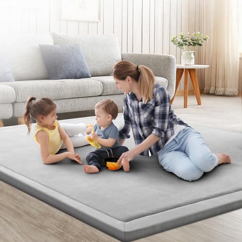 LIWEGHT Grey 2 CM Thick Baby Play Mat, Nursery Area Rug Coral Velvet Crawling Rugs for Toddler Children Play Mat Yoga Mat Exercise Pads Carpet, Home Decor for Nursery, Kids Bedroom, 200 * 200cm