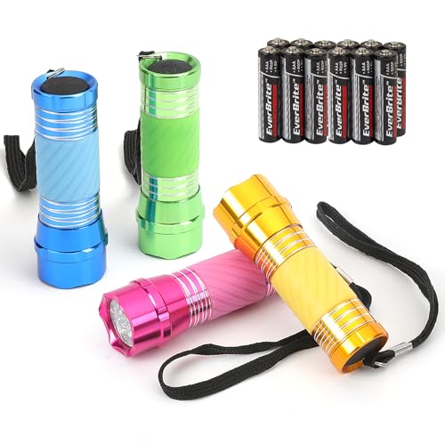 EverBrite 4 x Mini LED Flashlight with Bright Handle, Multi Colours, 12 x Batteries Included, Children's Flashlight in Yellow, Blue, Red, Green, Good Gift for Boys