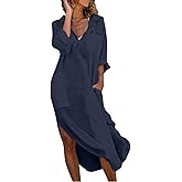 utcoco Womens Casual Loose Cotton Linen Long Shirt Dress Lapel Button Cuffed Sleeve Side Split Dresses with Pockets