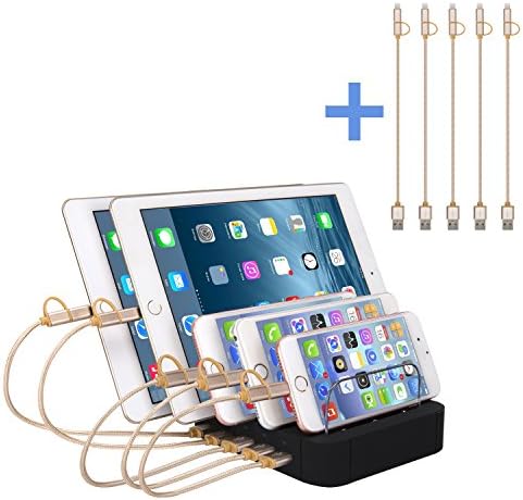 Puloa 5 Port USB Charging Station Dock With Charge Cables Detachable Universal USB Stand Organizer for Smart Phones &amp; Tablets &amp; Other Gadgets Multiple USB Charger Station &amp; Cell Phone Docking Station