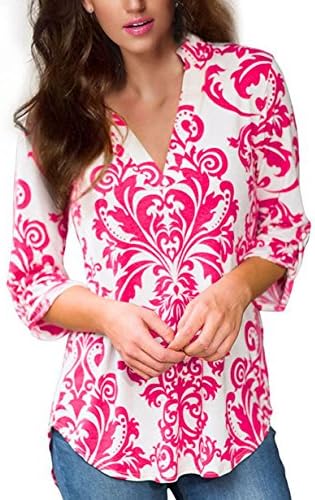 AOMINGGE Women's Blouses V Neck Floral Printed Casual T shirts 3 4 Cuffed Sleeve Tops