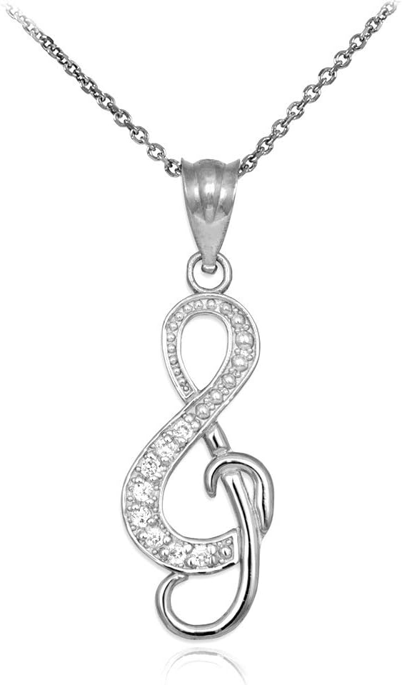 925 Sterling Silver CZ-Studded Treble Clef Charm Music Note Pendant Necklace