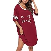 KAMONG Sleep Shirts for Women Short Sleeve Cotton Novelty Night Shirts V Neck Oversized Nightgowns Cute Printed Nightdress
