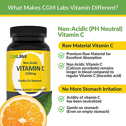 CGM Labs Non Acidic Vitamin C 1500mg with Calcium. Gentle on Stomach