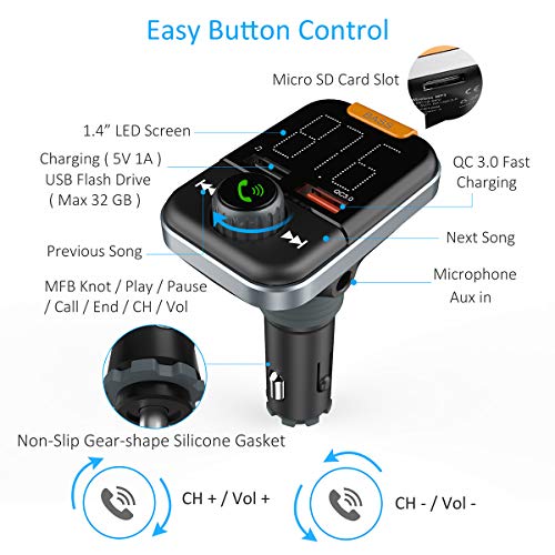 FM Transmitter with Bass Booster, Bluetooth 5.0 FM Transmitter Wireless Radio Adapter, FM Transmitter QC3.0