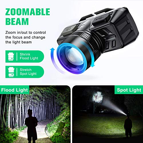 Cocoda Linterna Frontal Led USB Recargable, Zoomable Luz y 4 Modos de Luz de 90° Ajustable Linterna de Cabeza, Impermeable Frontal Cabeza Luz para Acampar, Correr, Pescar, Ciclismo